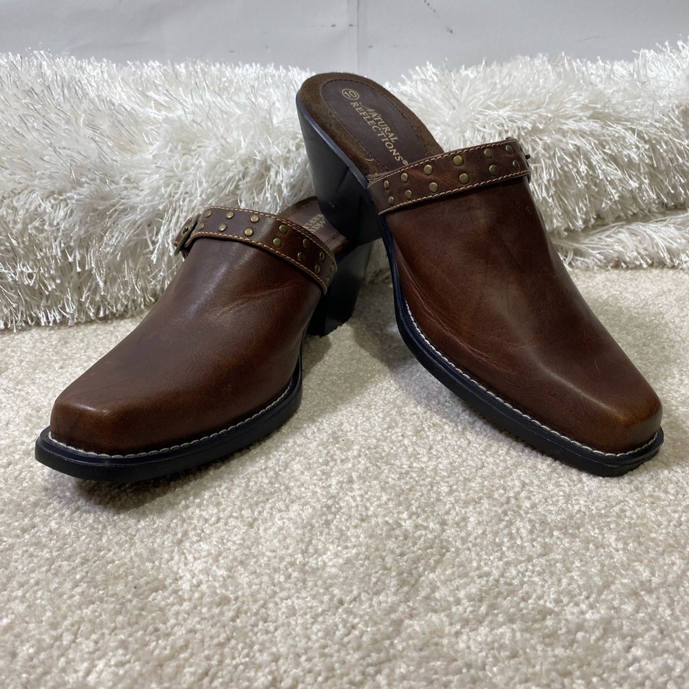 Natural Reflections women's brown buckle slip on mules size 10